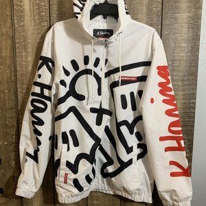 Members Only Keith Harring Small White/Black Art Zip Windbreaker Jacket NWT